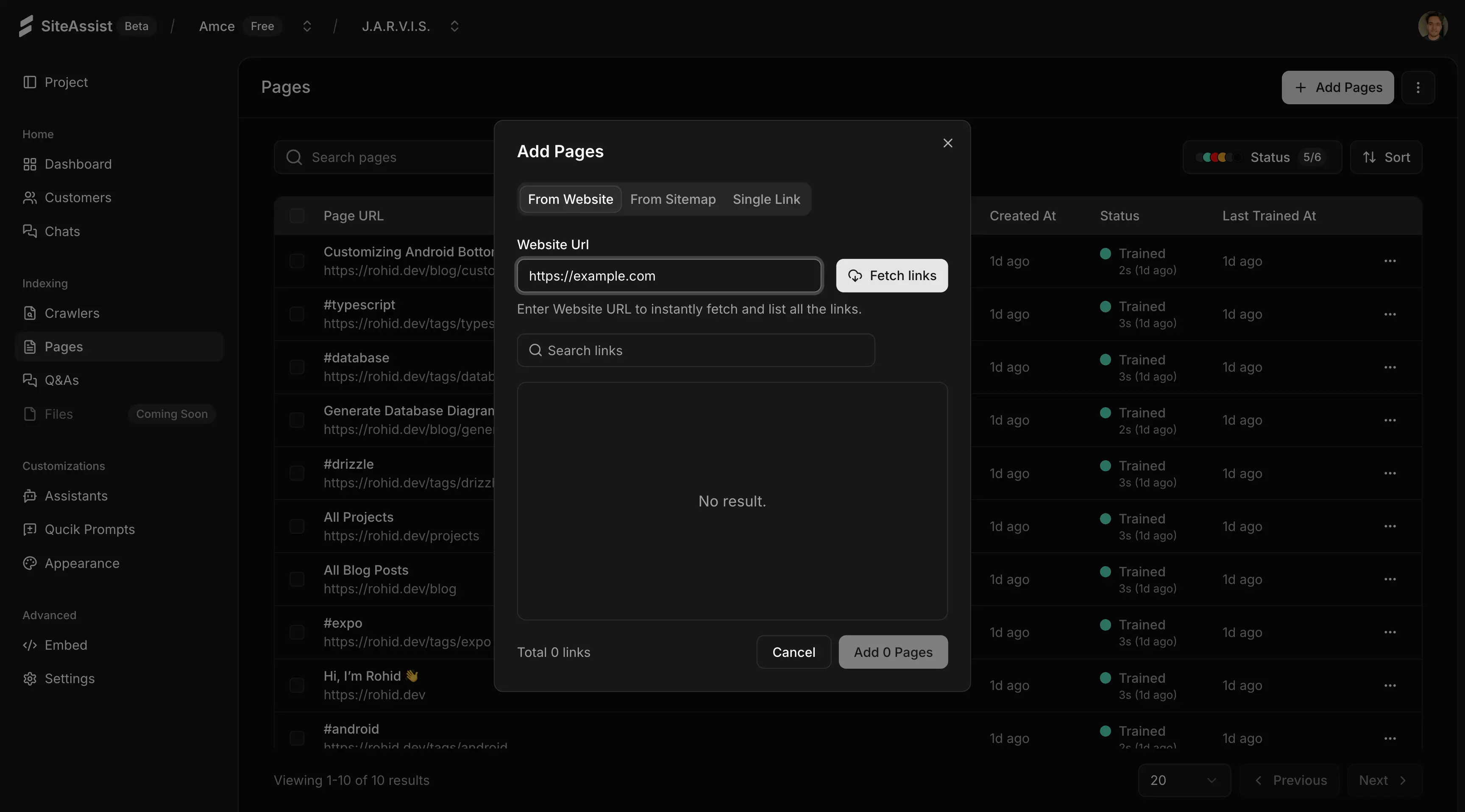 SiteAssist add pages screenshot