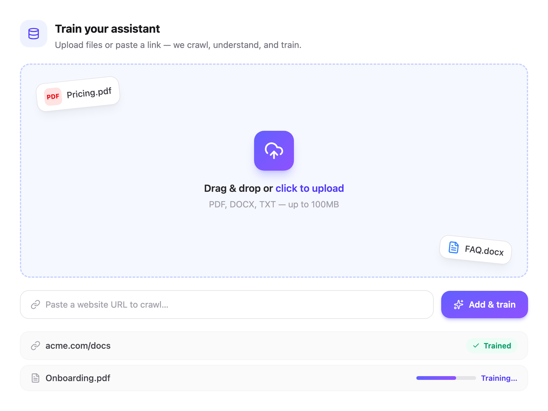 1. Add your content & train your assistant