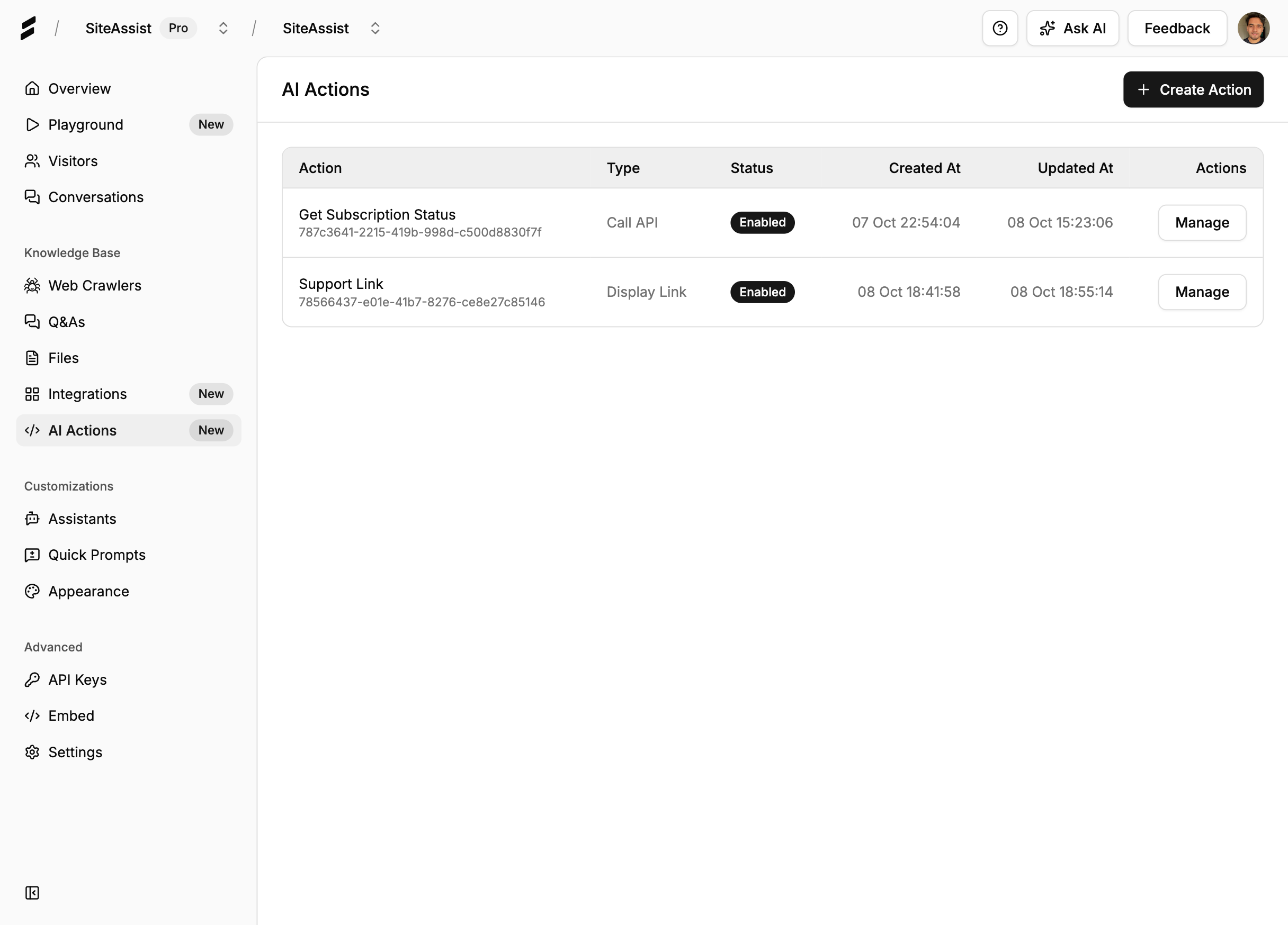 AI Actions Dashboard showing configured actions