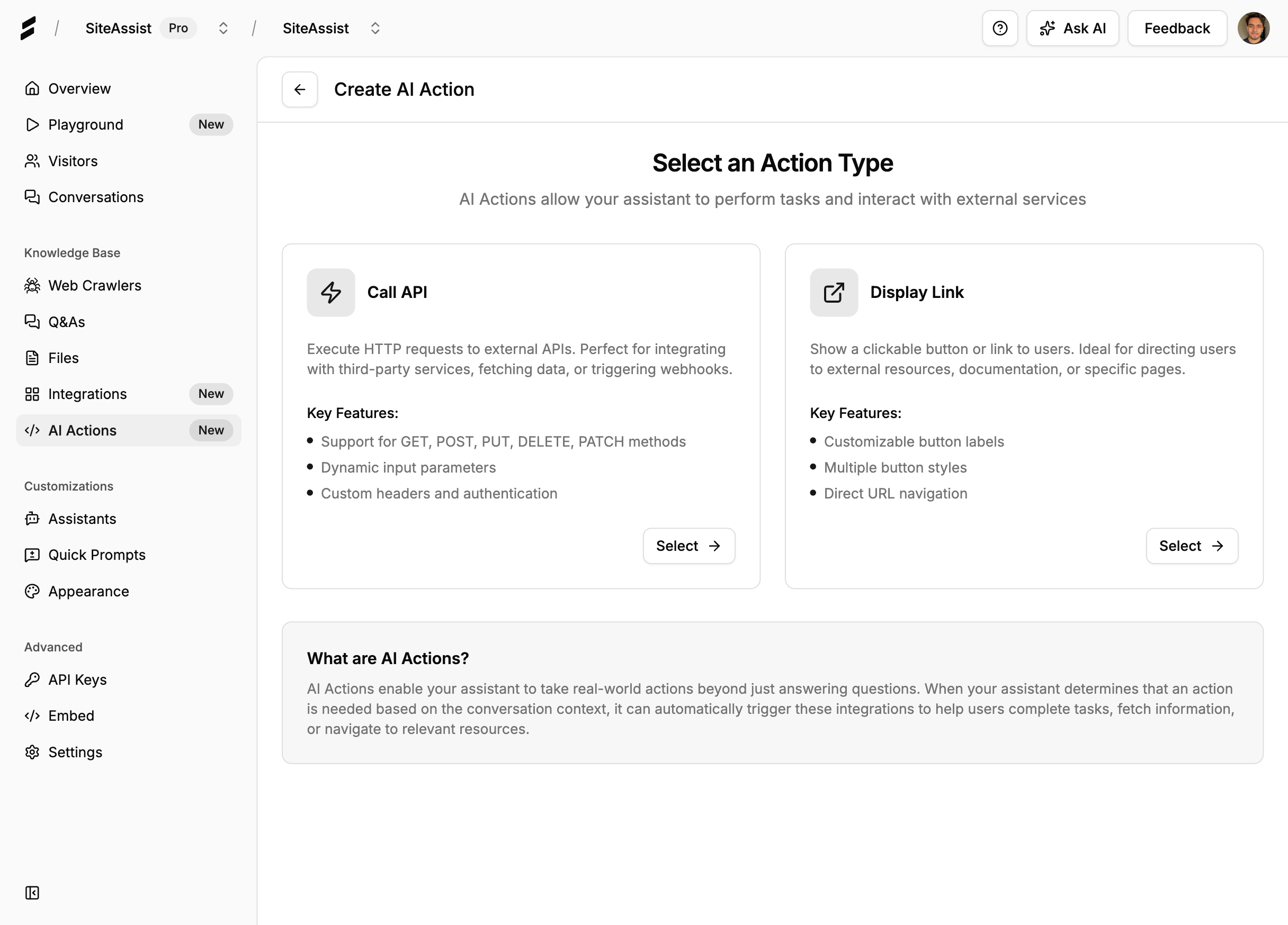 AI Actions type selection page