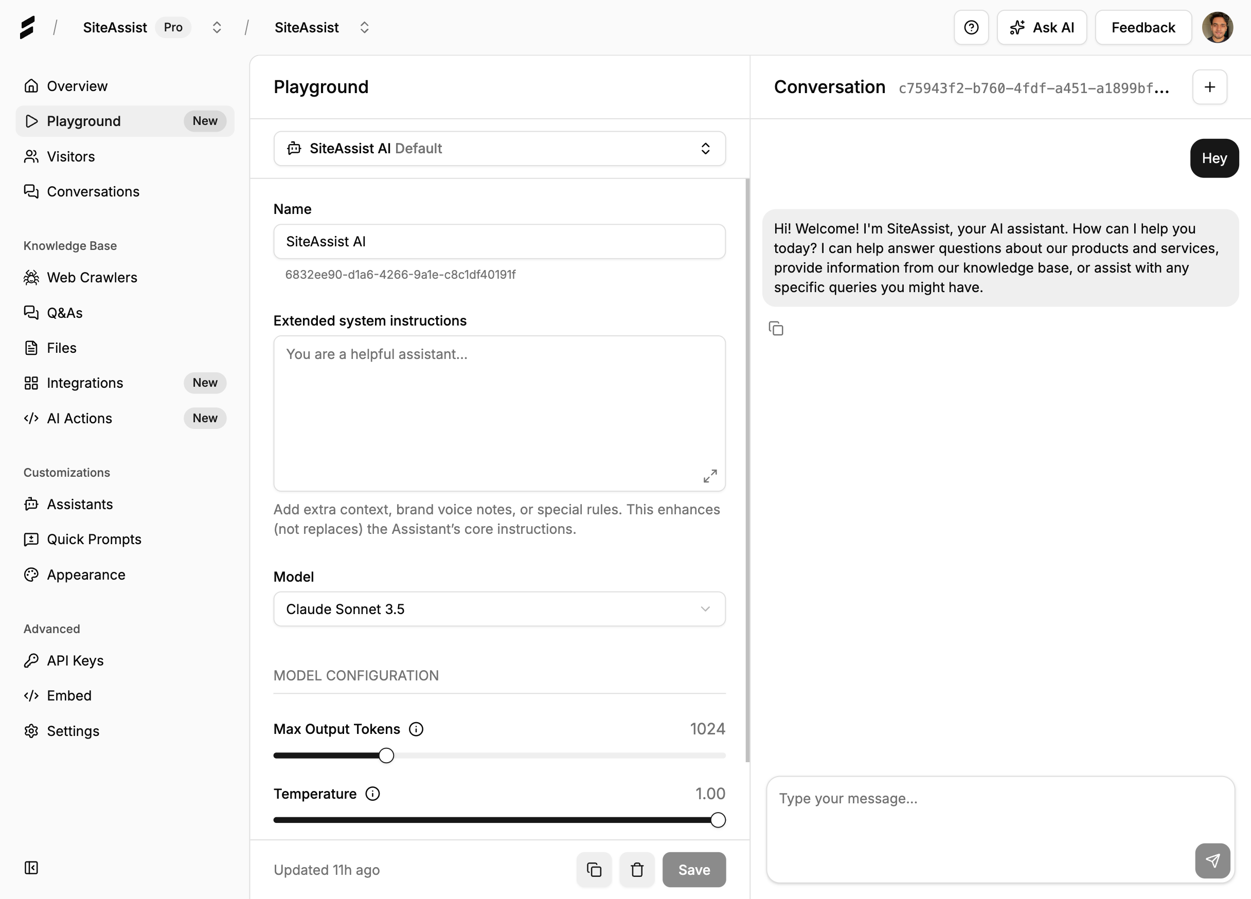 Assistant playground testing interface