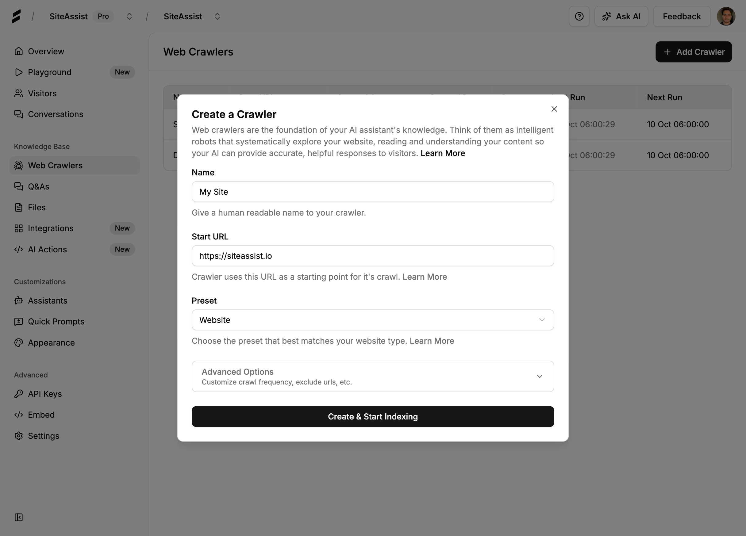 Web crawler configuration interface