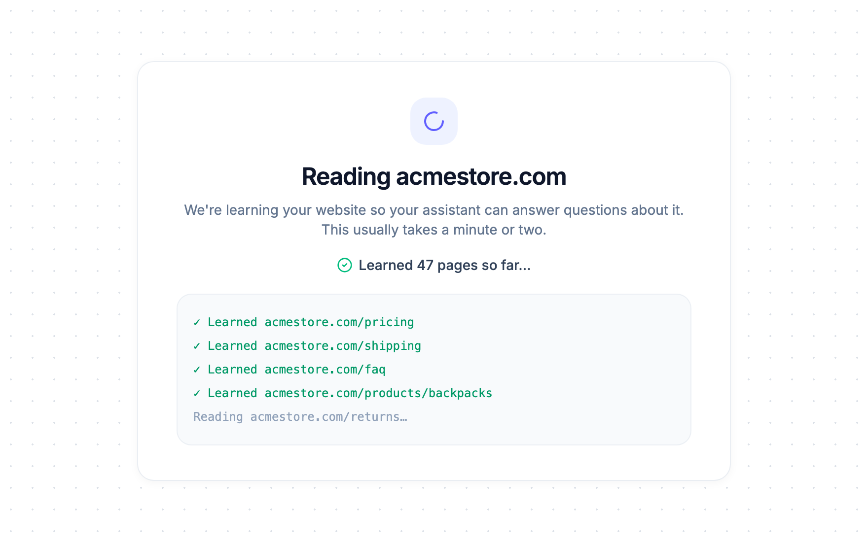 The AI assistant training on your website content, page by page